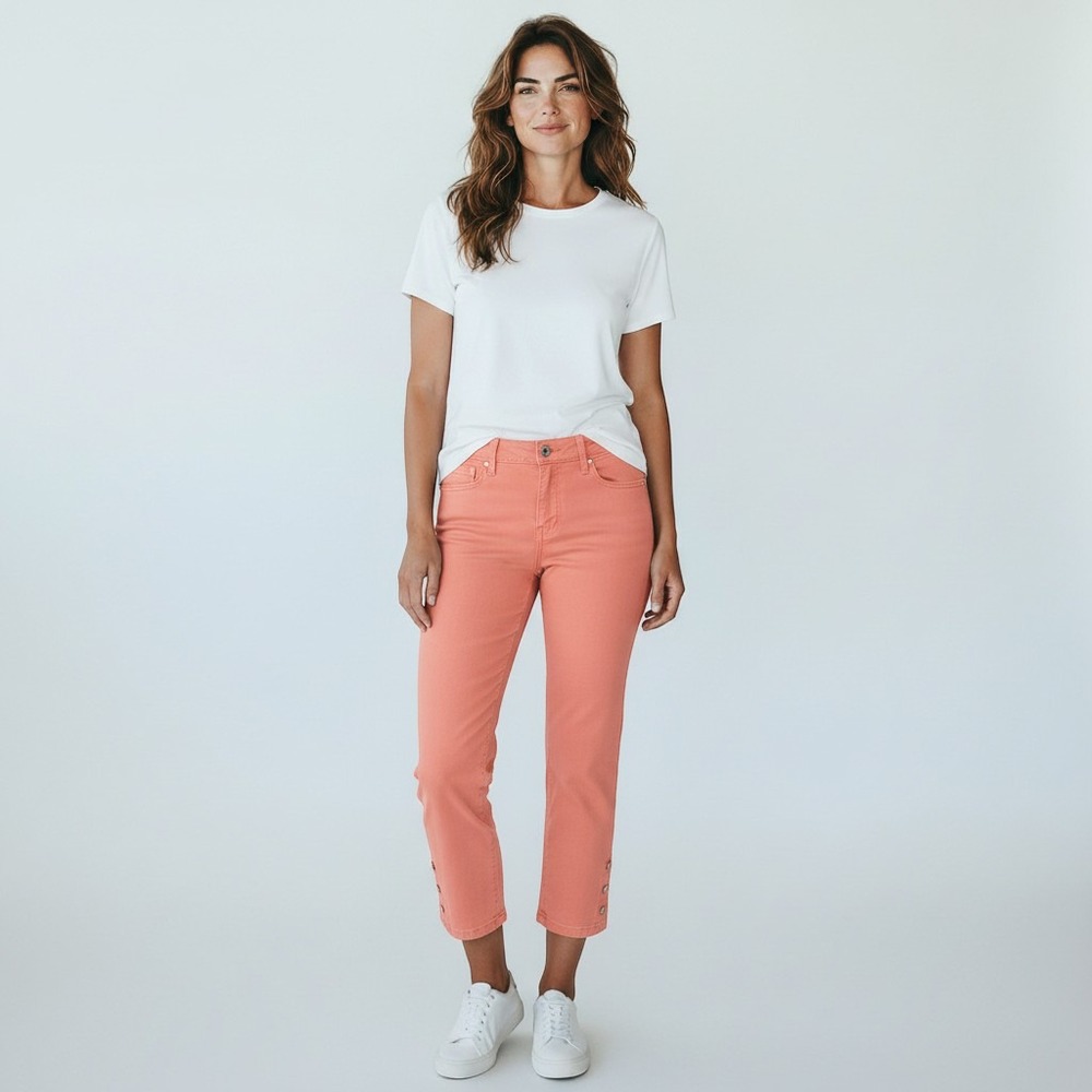 Bandolino Mandi Capri Pants Womens 8 Coral Pink Rhinestone Hem Crop Jeans